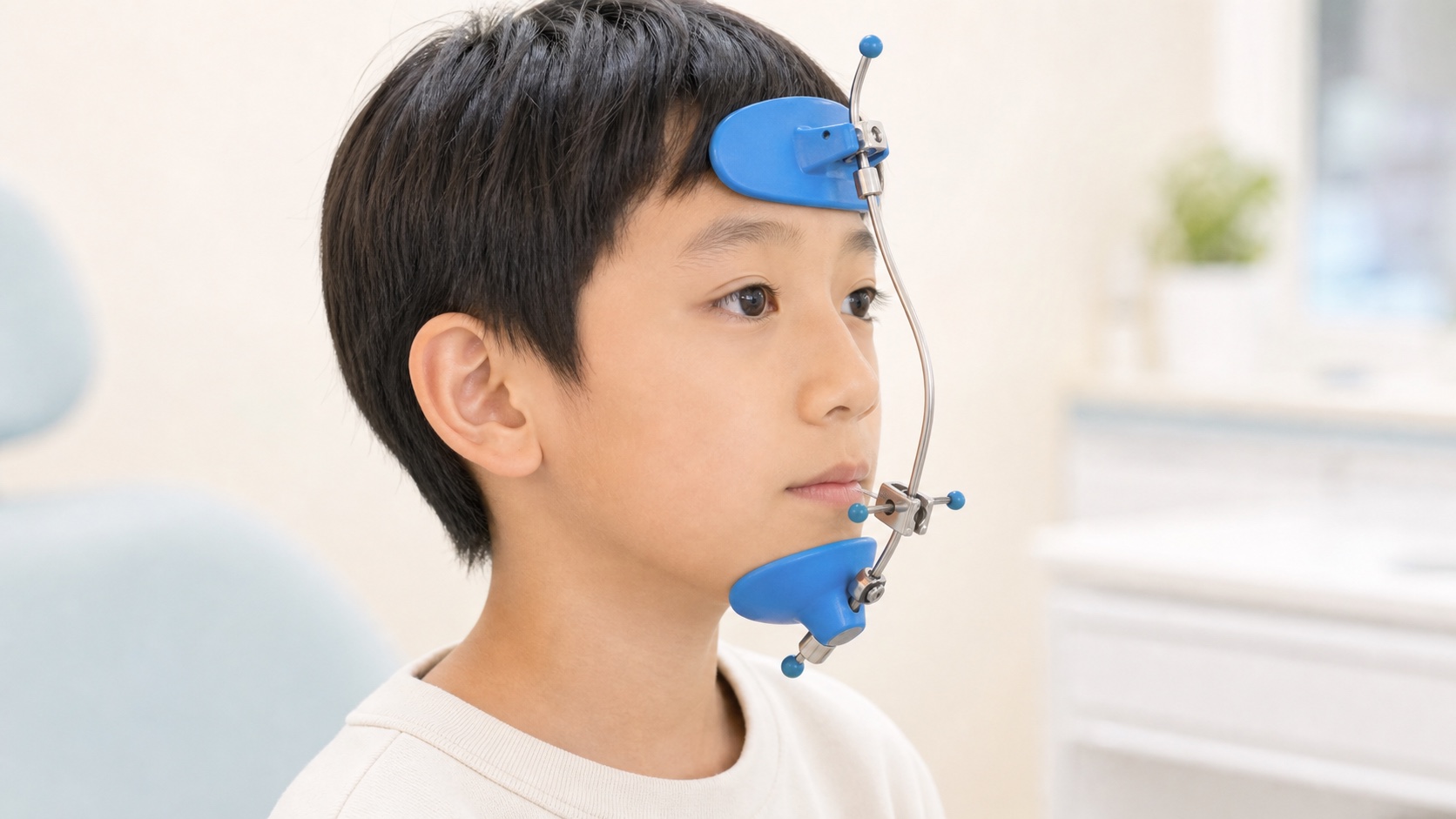 上顎前方牽引装置（フェイスマスク）を装着したお子さま