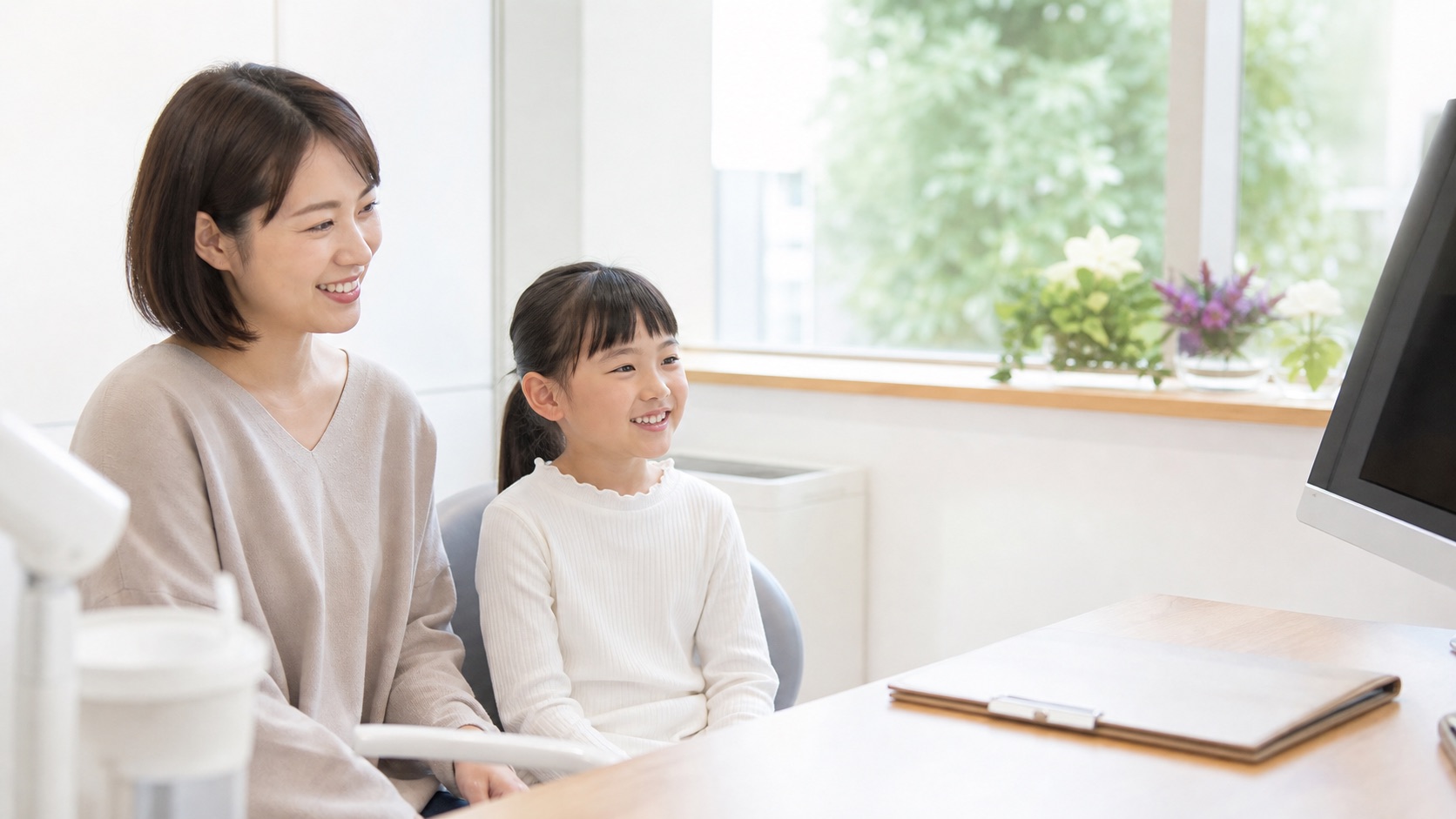 子どもの矯正治療費用について親子で説明を受ける様子